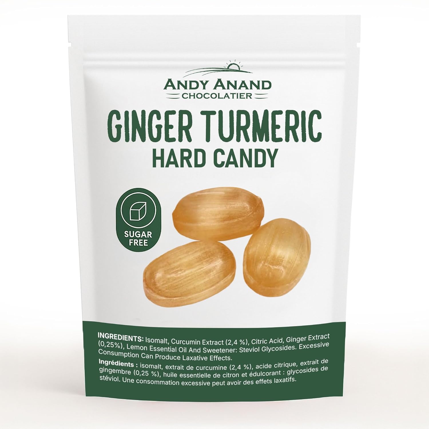 Andy Anand Sugar Free Ginger Turmeric Hard Candy – 50 Pcs (7 Oz) | Gluten-Free, Low Calorie, Keto & Vegan Friendly | European Gourmet Confection for Healthy Snacking & Wellness