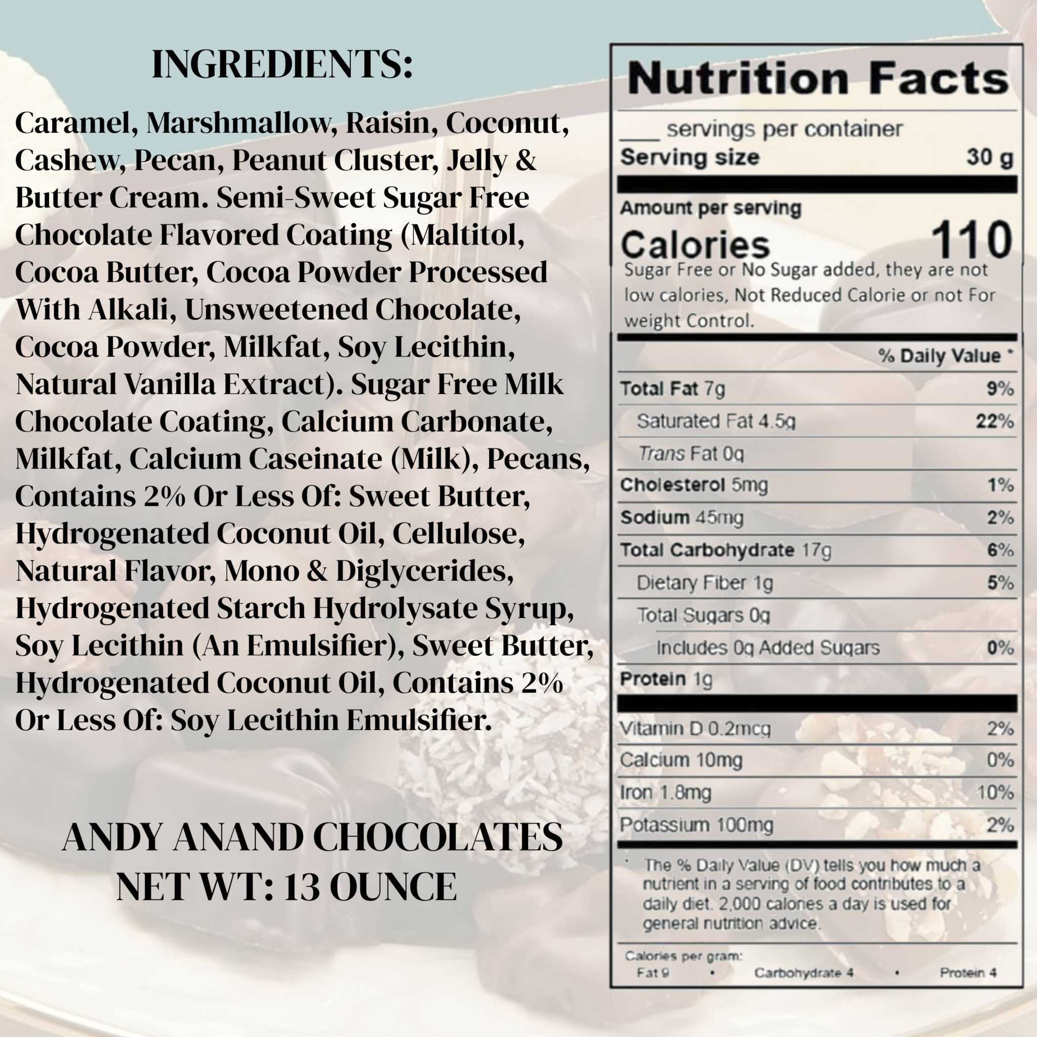 Andy Anand Sugar Free Chocolate Sampler: Caramels, Butter Creams, and Clusters (60% Cocoa Butter)