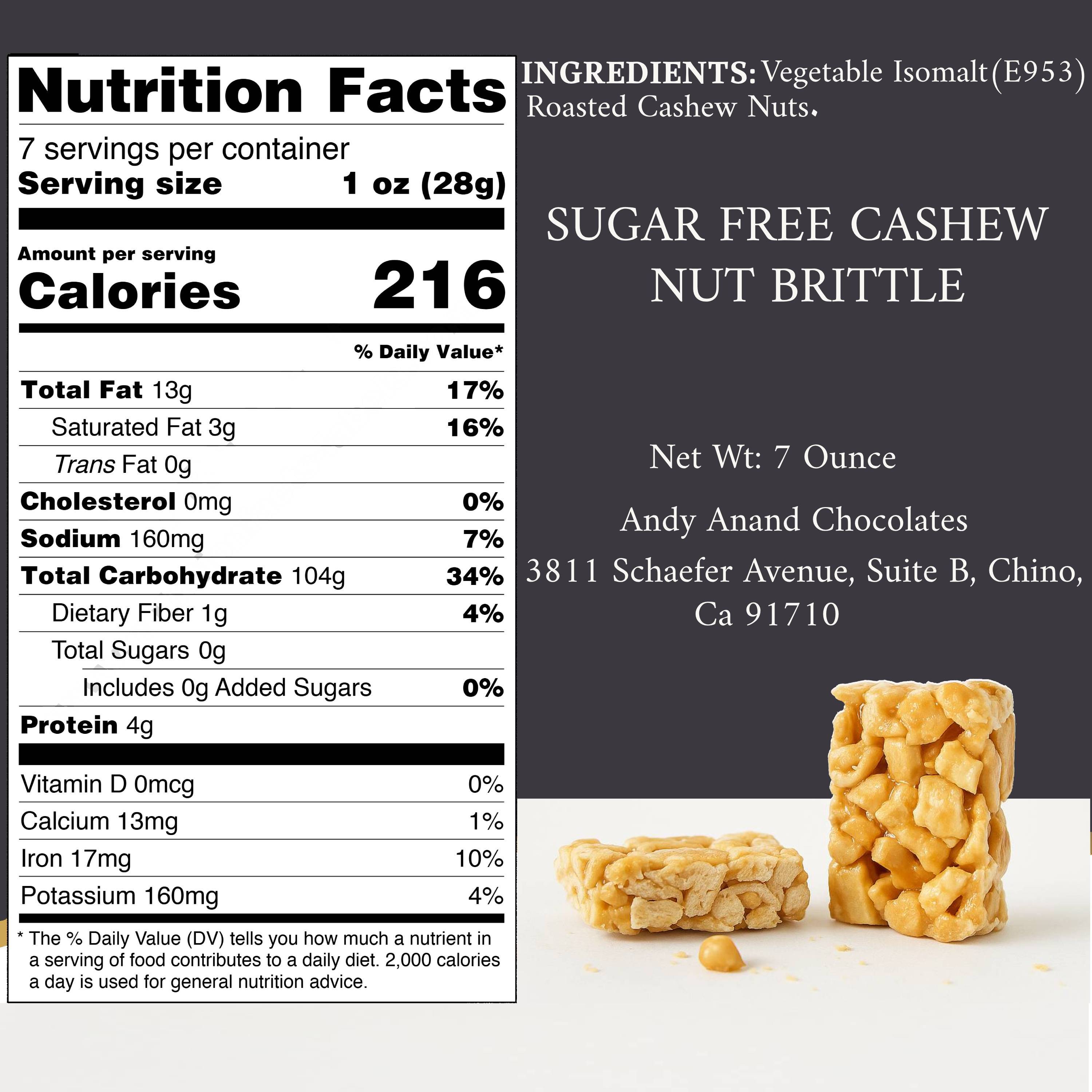 Andy Anand Sugar Free Cashew Brittle - 7 Oz Decadent Treats to Satisfy Your Cravings, Healthy Cashew Brittle Without Added Sugar