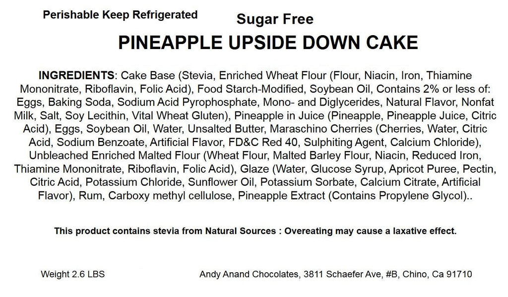 Andy Anand Sugar Free Pineapple Upside Down Cake 9" - Freshly Baked in Homemade Style Cake Recipe (2.6 lbs)