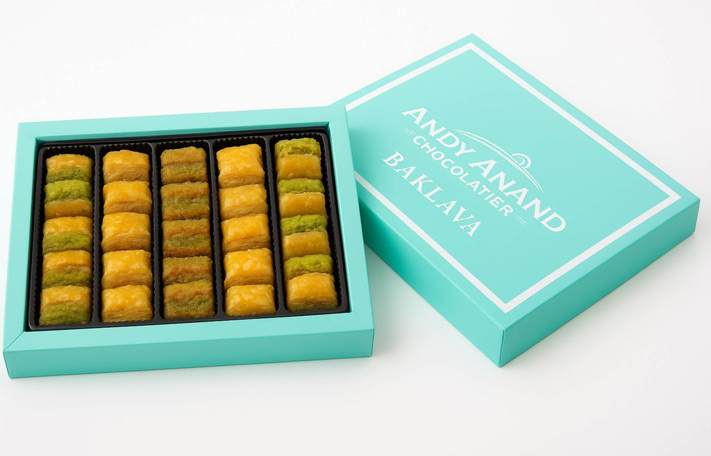 Andy Anand Chocolatier Sugar Free Baklava - Turkish Baklava Pastry With Nuts, Delicious Edible Gift Box with Pistachio, Walnut & Hazelnut, Gourmet Assorted Flavor Snack Box (26 Pcs, 8.8 Oz)