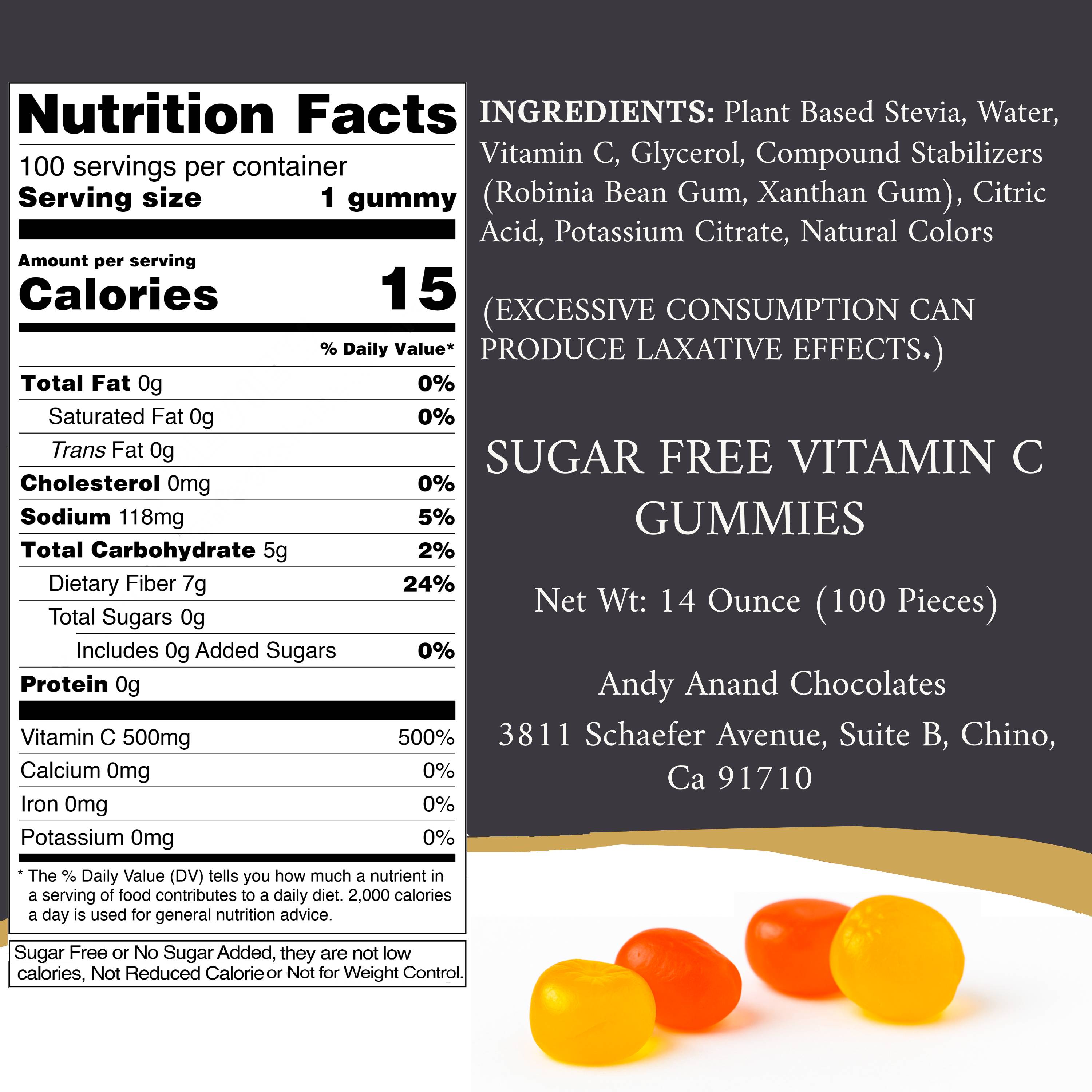 Andy Anand Sugar Free Vitamin C Gummies 500mg per Serving, Immune & Antioxidant Support,100 Sugar Free Gummies, 100 Day Supply, Strawberry, Mango, Pineapple, Peach, individually wrapped (14 oz)