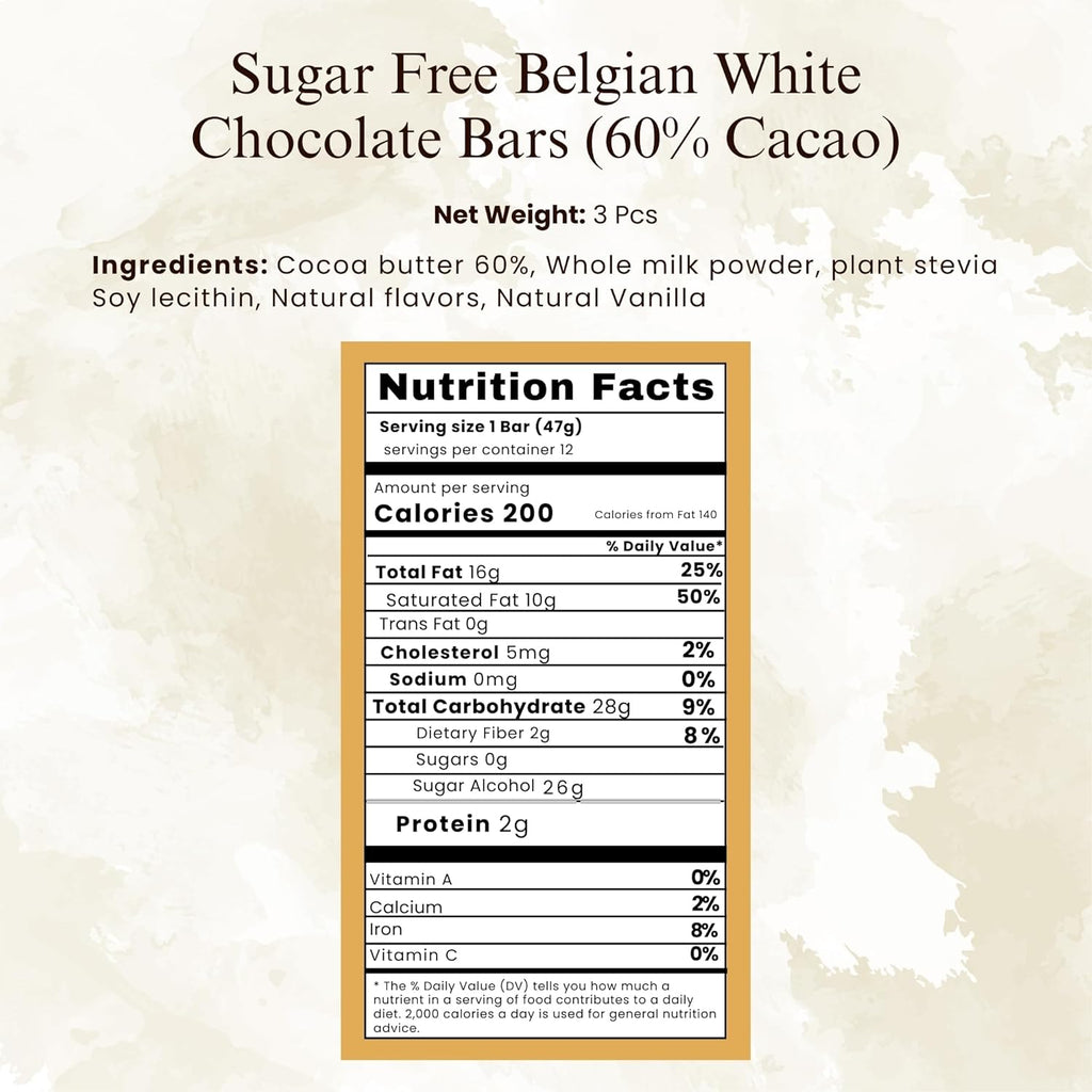 Andy Anand Sugar Free Belgian White Chocolate Bars (60% Cacao) – Stevia Sweetened, Gluten Free Gourmet White Chocolate, Silky Rich Indulgence, Gift Box, 3 Bars