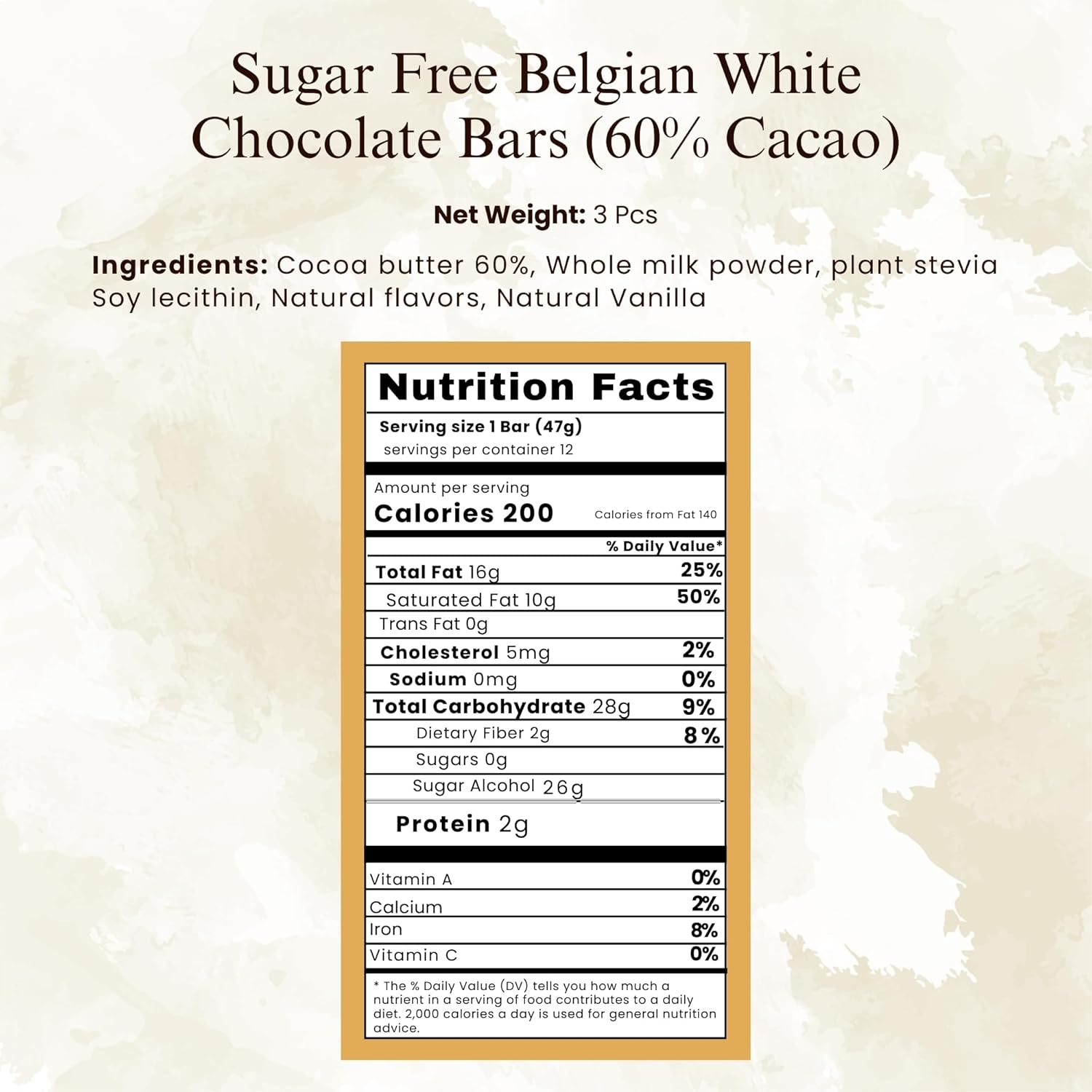 Andy Anand Sugar Free Belgian White Chocolate Bars (60% Cacao) – Stevia Sweetened, Gluten Free Gourmet White Chocolate, Silky Rich Indulgence, Gift Box, 3 Bars