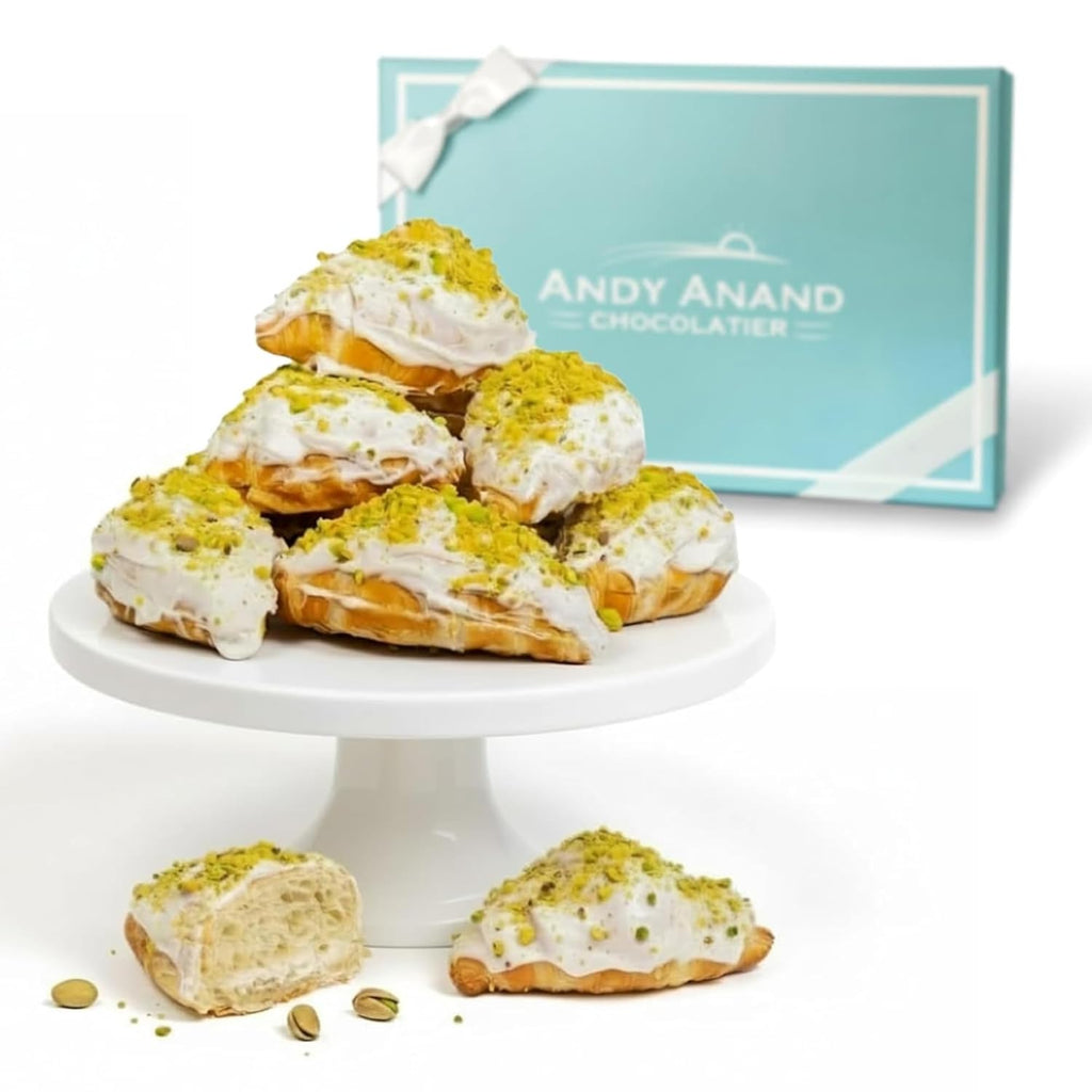 Andy Anand White Chocolate Pistachios Croissant Cake - 10 Pcs Hand Rolled French Butter Croissants, Enjoy the Amazing Clasic Taste, Gift Box, Decadent Delicious ( 2 lb)
