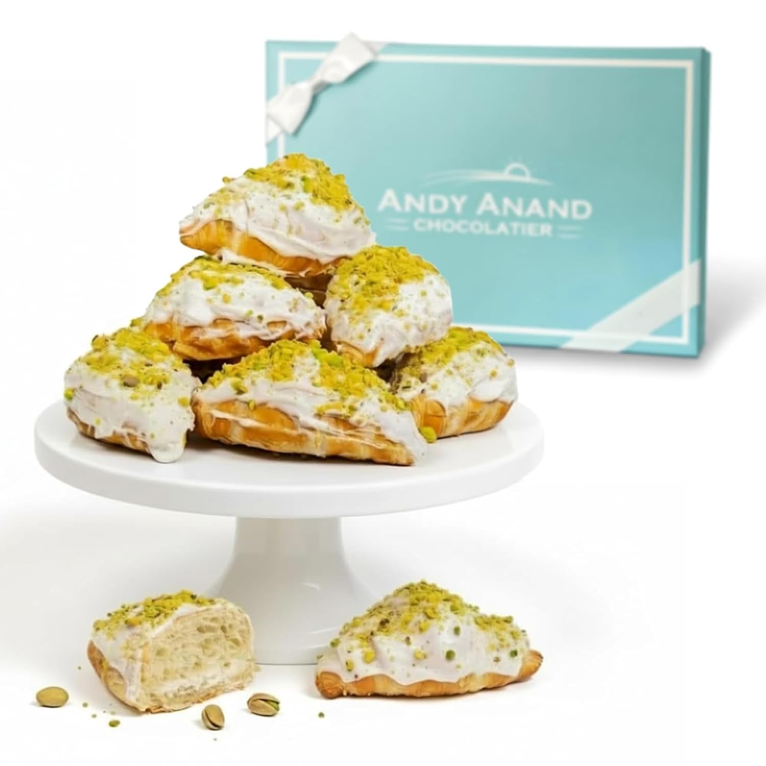 Andy Anand White Chocolate Pistachios Croissant Cake - 10 Pcs Hand Rolled French Butter Croissants, Enjoy the Amazing Clasic Taste, Gift Box, Decadent Delicious ( 2 lb)