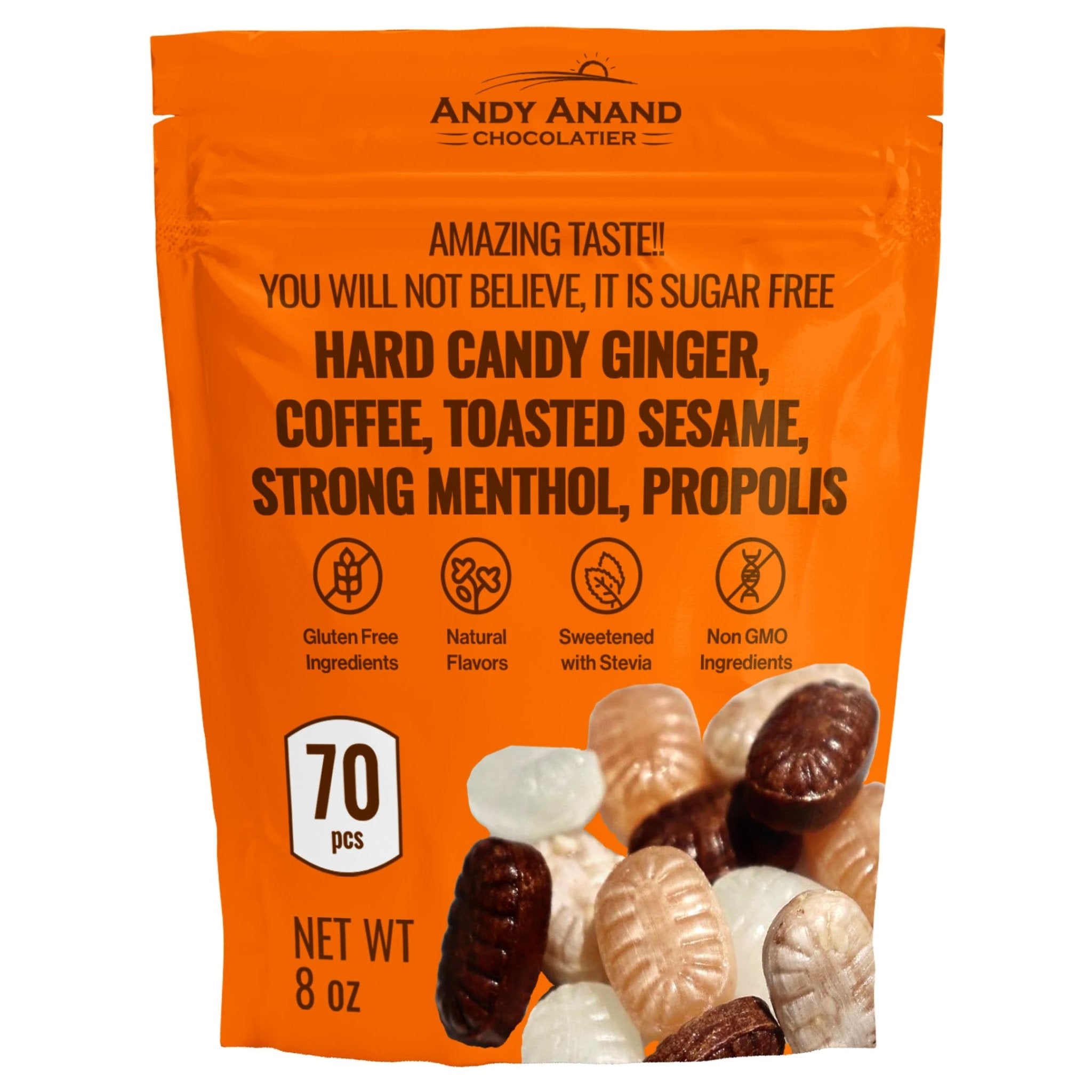 Andy Anand Sugar Free Hard Candy Variety Pack – Ginger, Coffee, Sesame, Menthol, Propolis, Stevia, Gluten Free, 85 Pcs 7 Oz