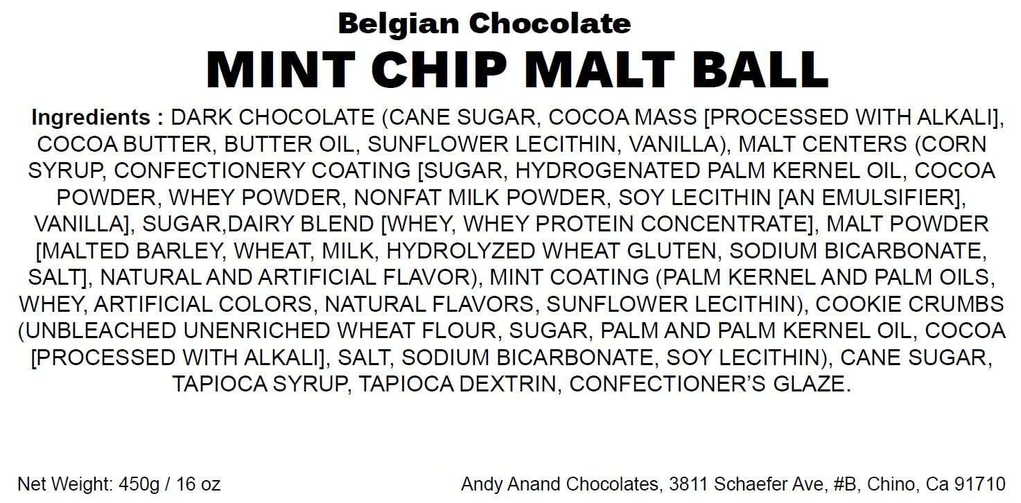 Andy Anand Belgian Chocolate Mint Chip Malt Balls – 1 lb Gift Box Made with 60% Chocolate (Cocoa Butter)