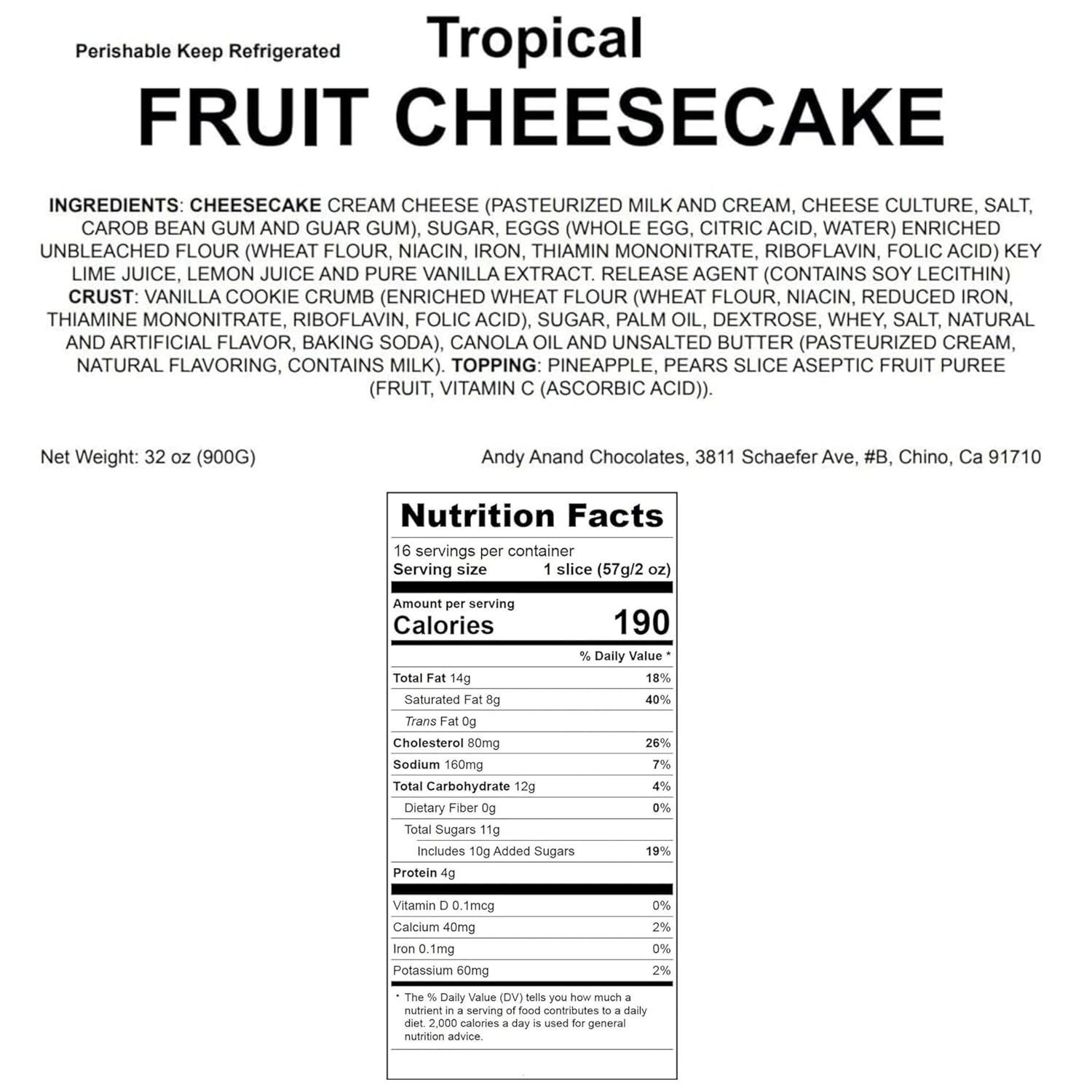Andy Anand Freshly Baked Tropical Fruit Cheesecake, Glazed with Pineapple, Pears & Peach, The Perfect Cheesecake Near Me - Order Now and Taste the Difference (2 lbs)