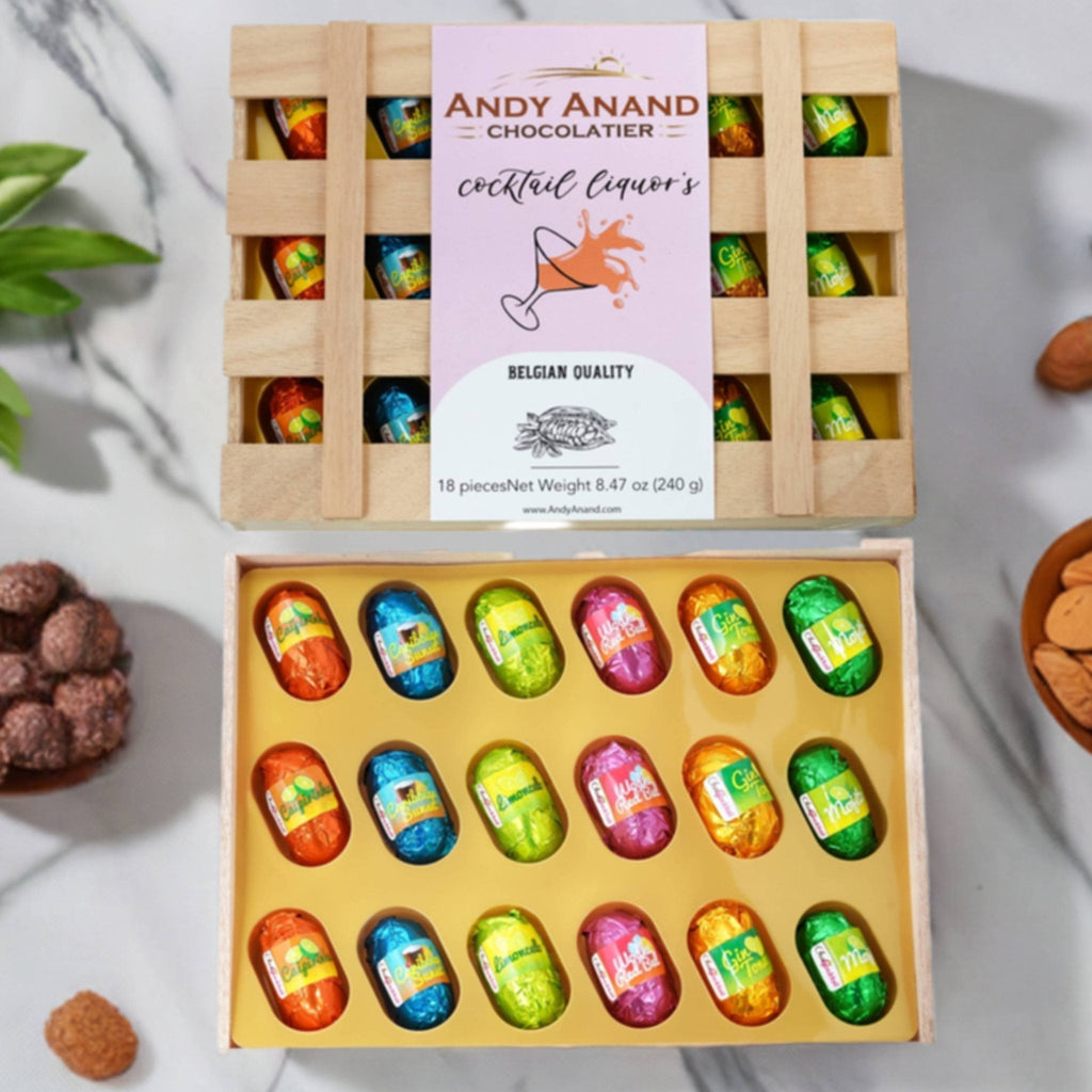 Andy Anand Non Alcoholic Vegan Chocolate – Vegan Dark Chocolates, 18 Pieces, Six Unique Flavors, Crafted with 60% Cocoa Butter