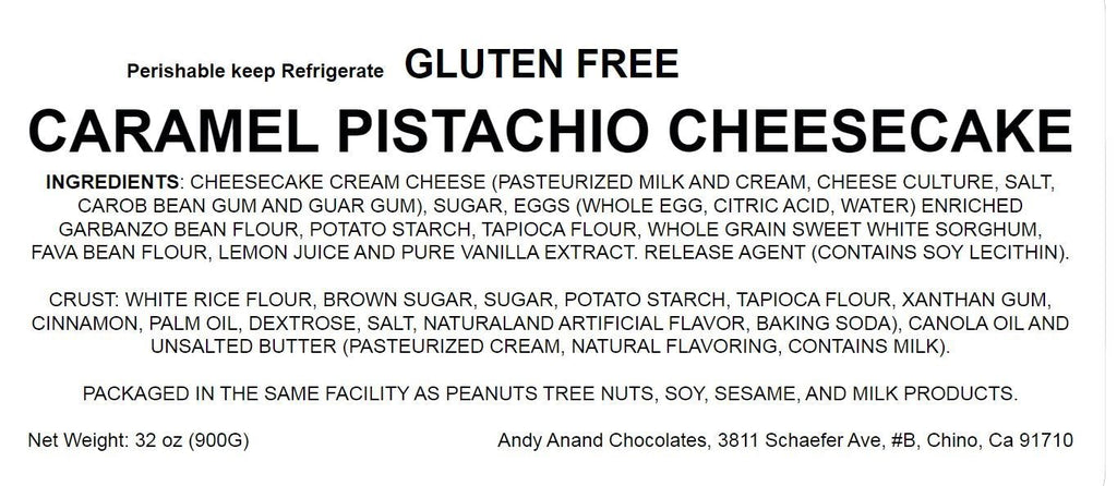 Andy Anand Gluten Free Caramel Pistachios Cheesecake 9" - Made Fresh In Traditional Way, Gluten Free Bakery Cheesecake Near Me (2 lbs)