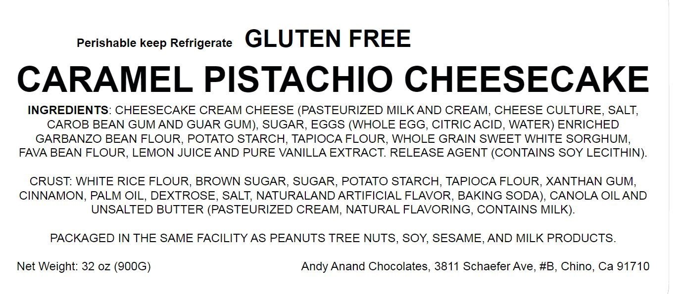 Andy Anand Gluten Free Caramel Pistachios Cheesecake 9" - Made Fresh In Traditional Way, Gluten Free Bakery Cheesecake Near Me (2 lbs)