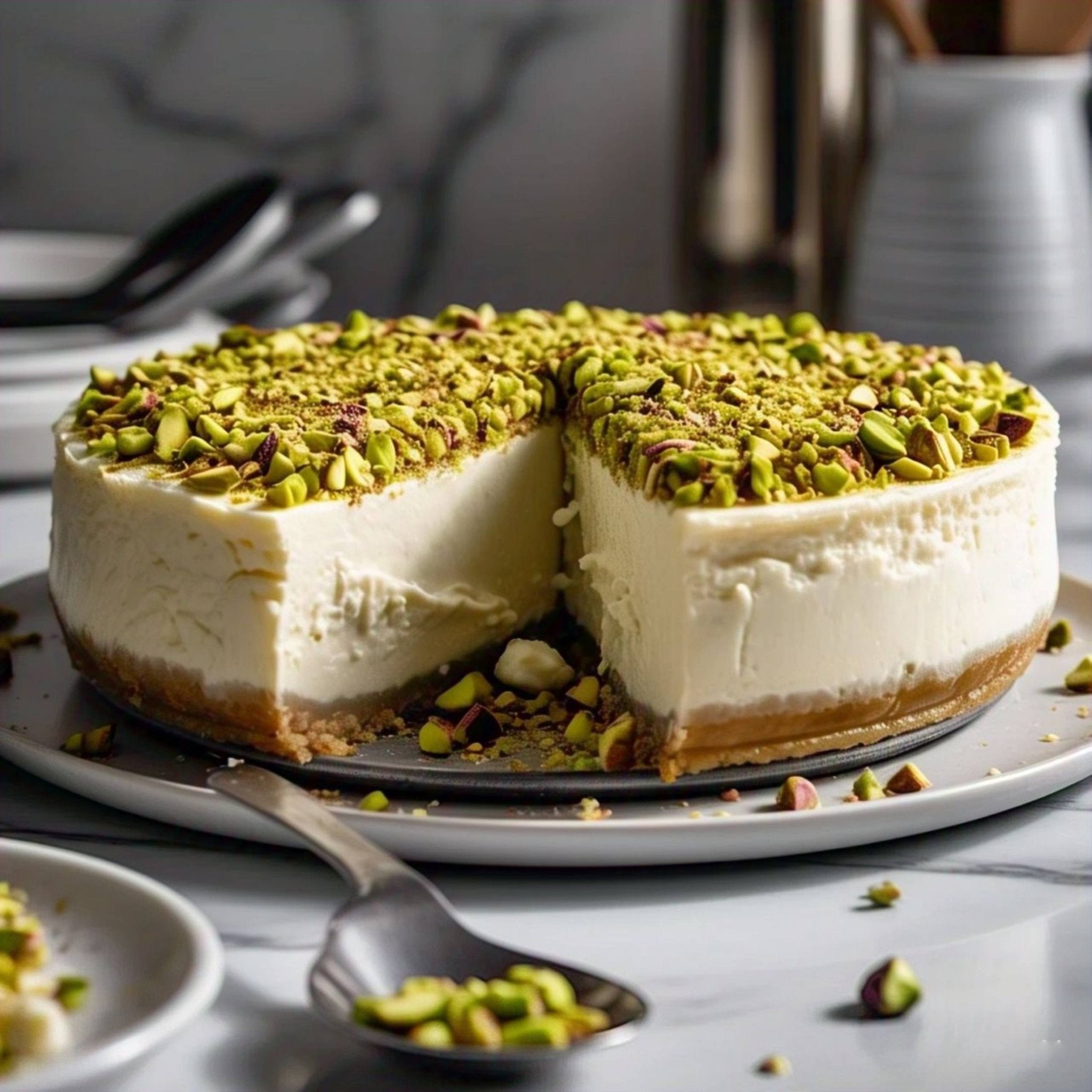 Andy Anand Sugar Free Gluten Free Caramel Pistachios Cheesecake 9" - No Chemicals Preservatives, Delightful Creamy Nutty Taste, Best Diabetic Friendly Cheesecake Near Me For Celebrations & Dessert Lovers (2.6 lbs)