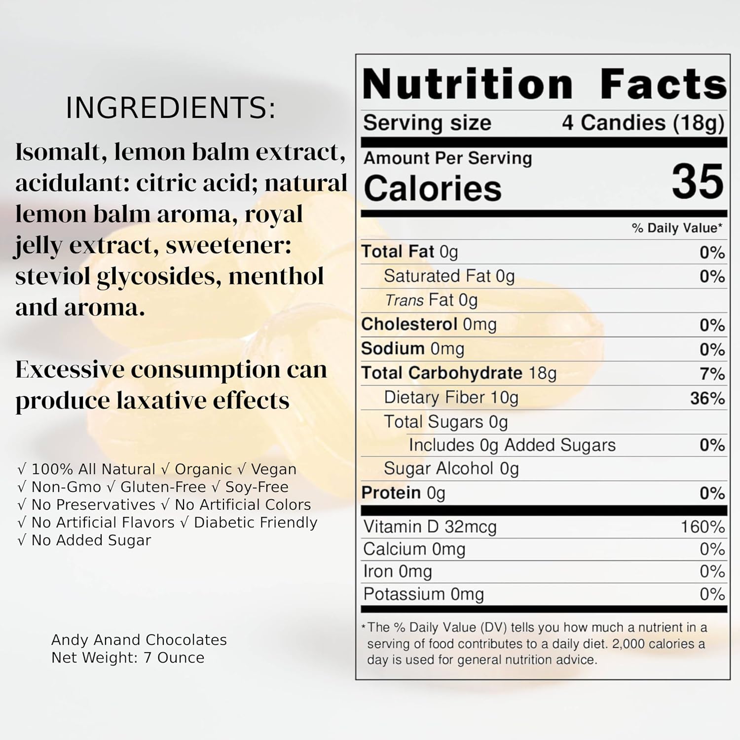 Andy Anand Sugar Free Lemon Candy - Relaxing Lemon Balm & Royal Jelly Hard Candy: Reduce Fatigue & Support Immunity. Imported from Europe, Sugar Free Treats for Diabetics - A Delicious and Healthy Alternative 7 Oz