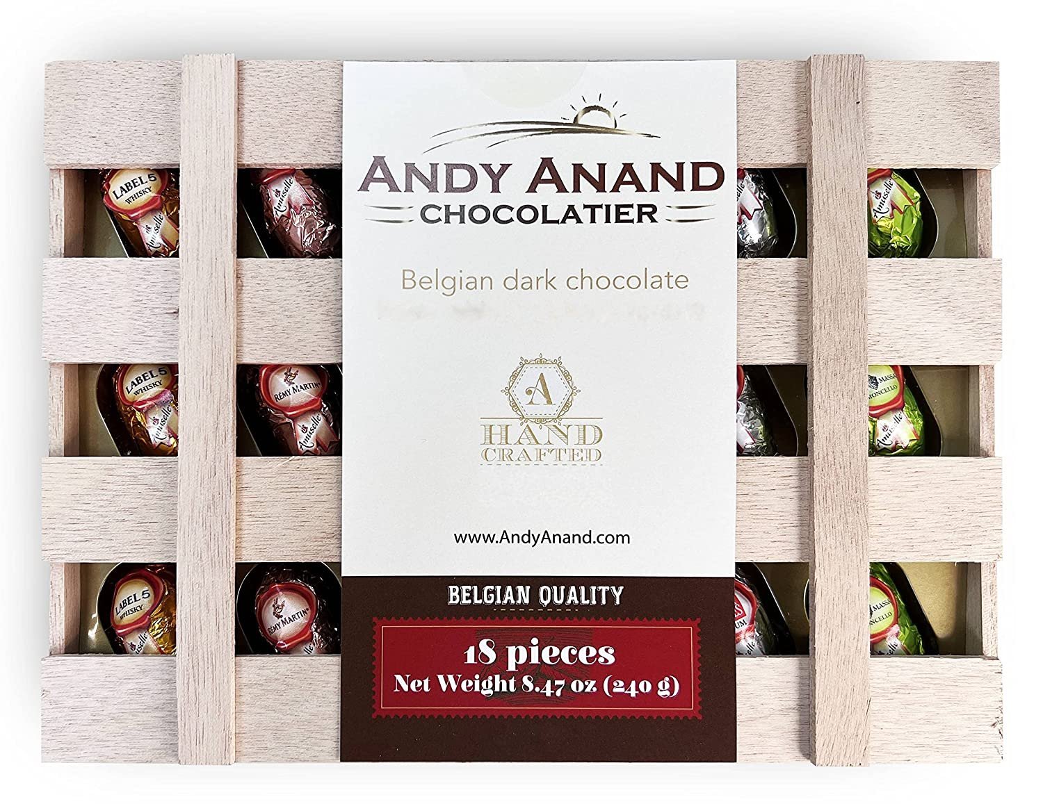 Andy Anand European Vegan Dark Chocolate – 18 Pc Non-Alcoholic Cocktail Flavors, 60% Chocolate (Cocoa Butter), Wooden Gift Box