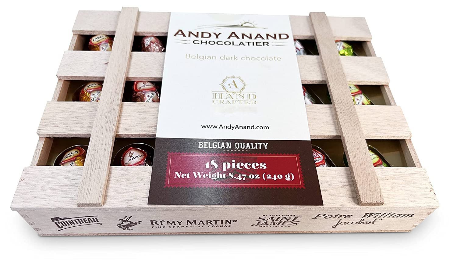 Andy Anand Vegan European Liqueur Dark Chocolate Bottles Cordials – Non-Alcoholic Cordials Assortment, Premium 60% Chocolate (Cocoa Butter) Gift Box, 18 Count